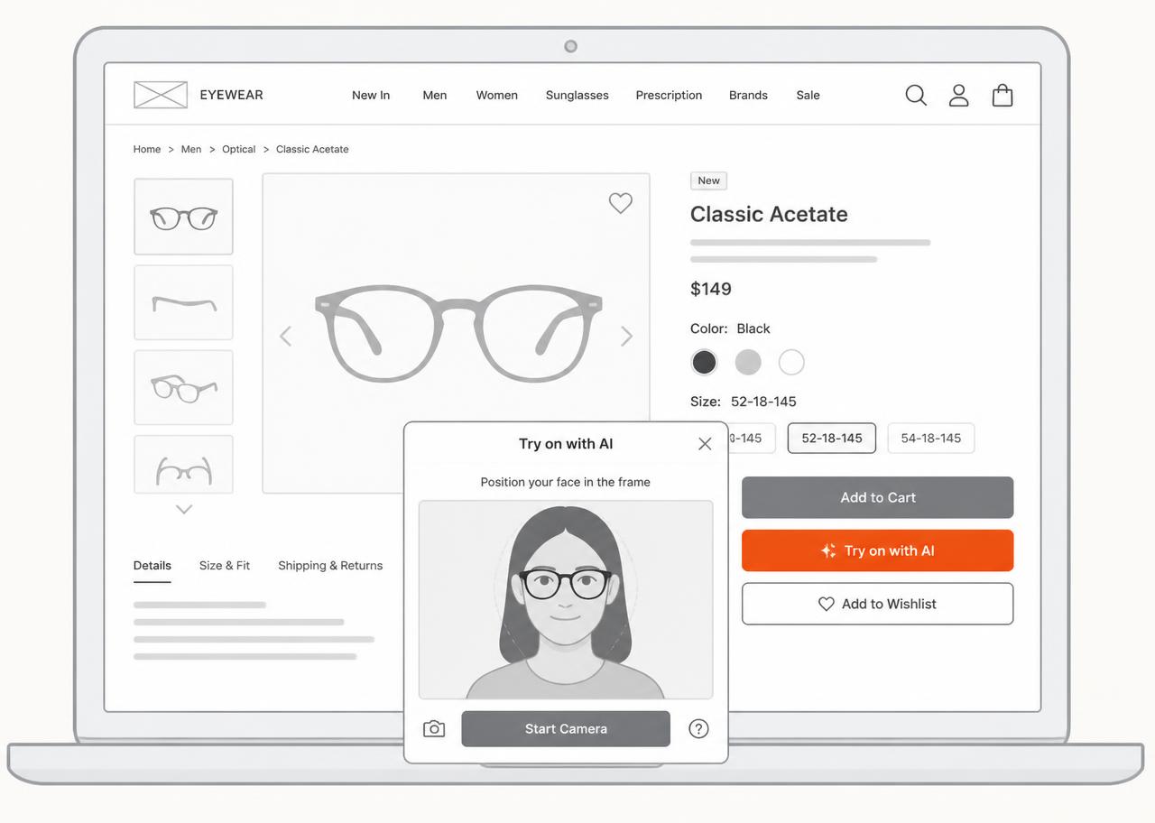 Low-fidelity mockup of an eyewear store product page with a Try on with AI button and try-on modal